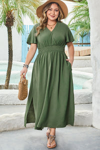 Four Leaf Clover Surplice Neckline Shirred High Waist Plus Size Maxi Dress