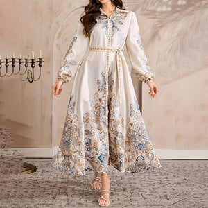 Women's Lapel Belted Dress with Drawstring Sleeves