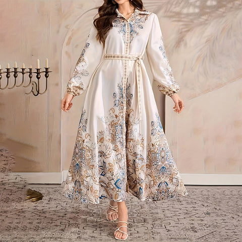 Women's Lapel Belted Dress with Drawstring Sleeves