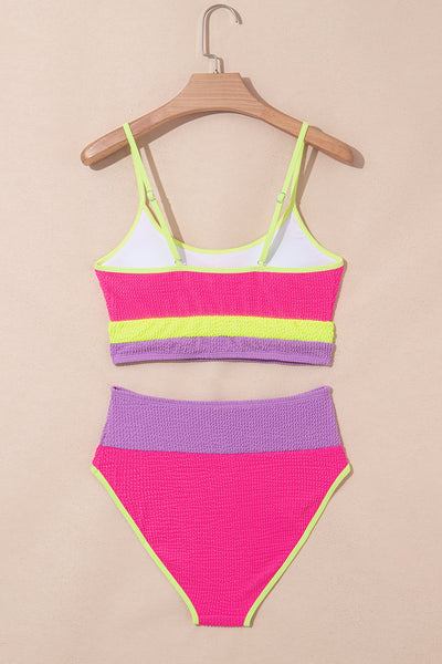 Rose Red Color Block High Waisted Sexy Bikini Set