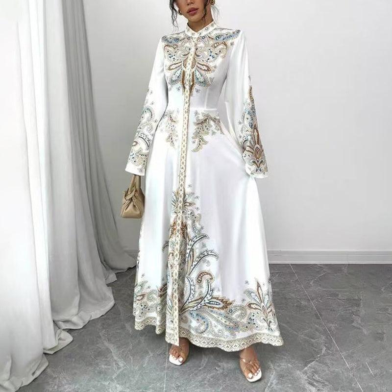 Elegant Floral High-Neck Maxi Dress – Modest A-Line Gown with Flowy Sleeves