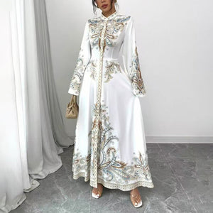Elegant Floral High-Neck Maxi Dress – Modest A-Line Gown with Flowy Sleeves