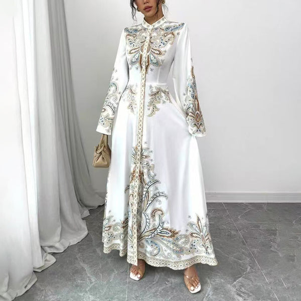Elegant Floral High-Neck Maxi Dress – Modest A-Line Gown with Flowy Sleeves