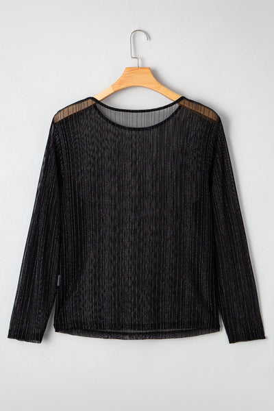 Black Plus Size Shimmer Textured Mesh Fitted Long Sleeve Top