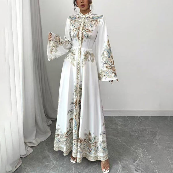 Elegant Floral High-Neck Maxi Dress – Modest A-Line Gown with Flowy Sleeves