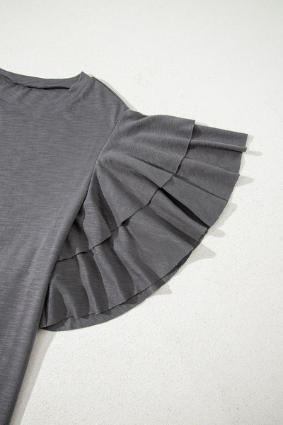 Dark Grey Double Ruffled Short Sleeve Plus Size Top
