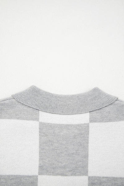 Gray Plus Size Checkered Pattern Button Polo Collar Split Sweater