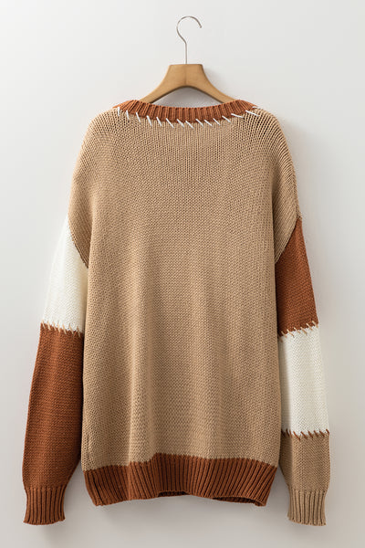 Light French Beige Contrast Stitch Detail Color Block Knitted Plus Size Sweater