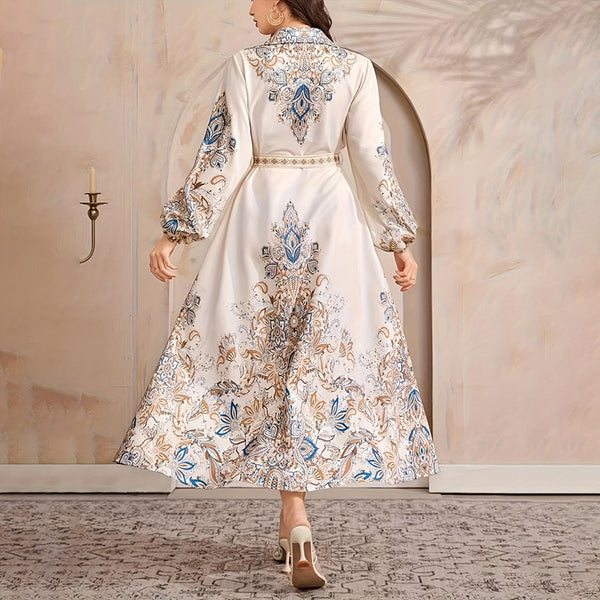 Women's Lapel Belted Dress with Drawstring Sleeves