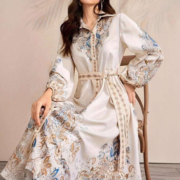 Women's Lapel Belted Dress with Drawstring Sleeves