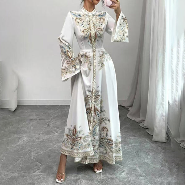 Elegant Floral High-Neck Maxi Dress – Modest A-Line Gown with Flowy Sleeves