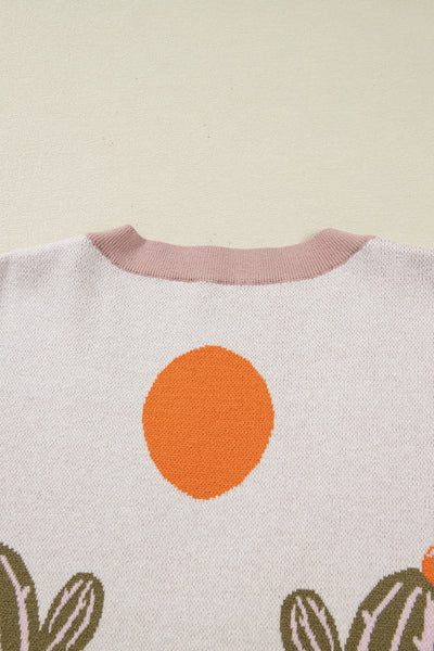 Apricot Western Desert Cactus Print Plus Size Button Cardigan Sweater