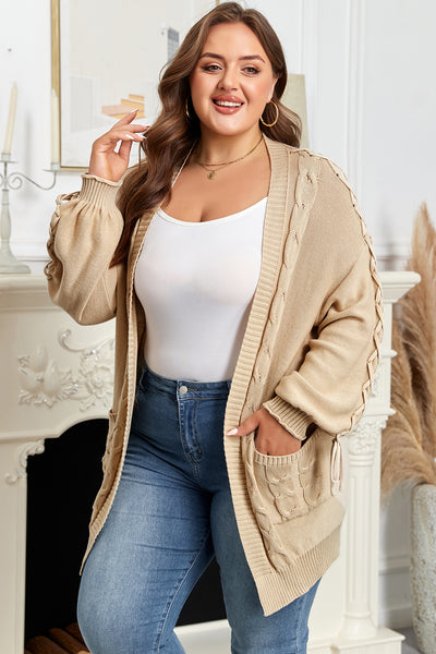 Parchment Cable Knit Braided Tie Sleeve Plus Size Open Cardigan