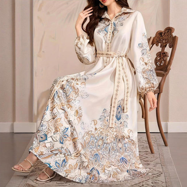 Women's Lapel Belted Dress with Drawstring Sleeves