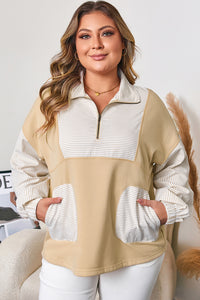 Khaki Stripe Mix Half Zip French Terry Plus Size Sweatshirt