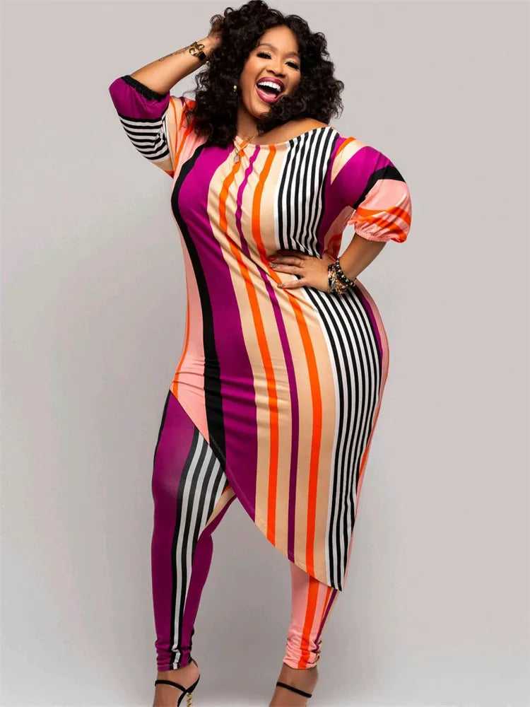 Women’s Striped Top & Leggings Set with Irregular Hem