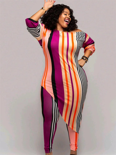 Women’s Striped Top & Leggings Set with Irregular Hem