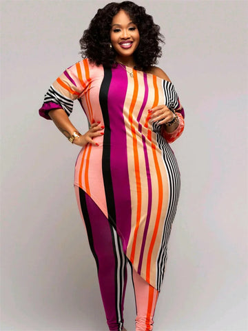 Women’s Striped Top & Leggings Set with Irregular Hem