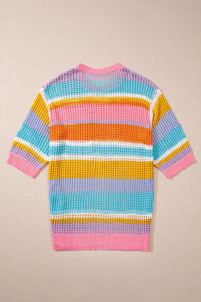 Pink Stripe Plus Size Open Knit Patch Pocket Short Sleeve Sweater