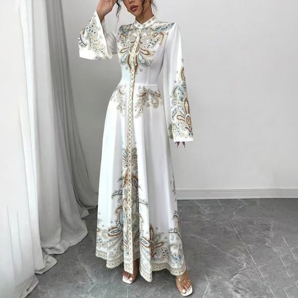 Elegant Floral High-Neck Maxi Dress – Modest A-Line Gown with Flowy Sleeves