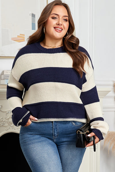 Blue Stripe Color Block PLus Size Drop Shoulder Sweater