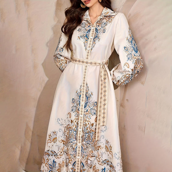 Women's Lapel Belted Dress with Drawstring Sleeves