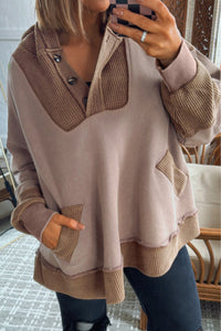 Goat Waffle Contrast Patchwork Plus Size Pocketed Hoodie
