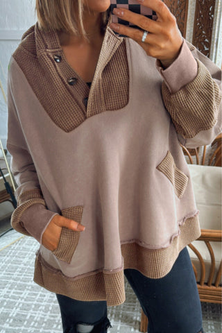 Goat Waffle Contrast Patchwork Plus Size Pocketed Hoodie
