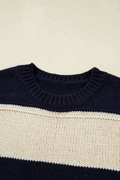 Blue Stripe Color Block PLus Size Drop Shoulder Sweater