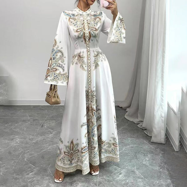 Elegant Floral High-Neck Maxi Dress – Modest A-Line Gown with Flowy Sleeves