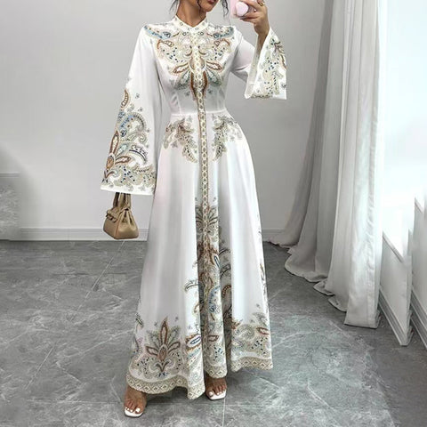 Elegant Floral High-Neck Maxi Dress – Modest A-Line Gown with Flowy Sleeves