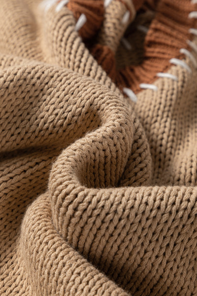 Light French Beige Contrast Stitch Detail Color Block Knitted Plus Size Sweater