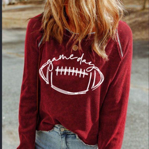 Red Game Day Football Graphic Thermal Knitting Top