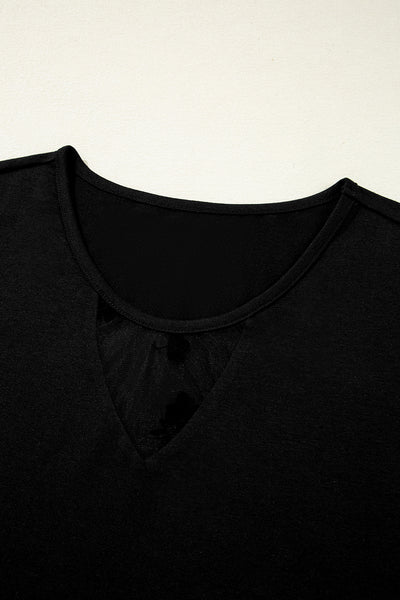 Black Floral Mesh Patchwork Loose V Neck Plus Size T Shirt
