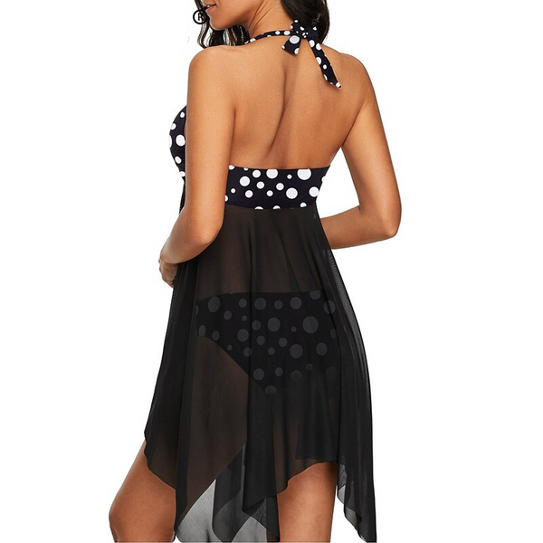 Curvy Elegance: Mesh Dot Halter Tankini Swimwear Set with Gauze Beach Dress