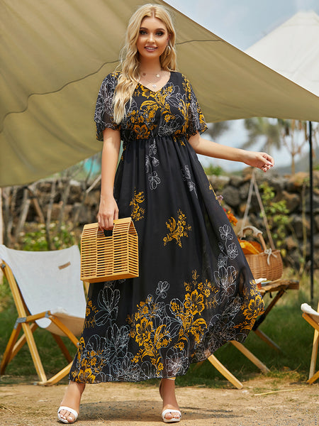 Rough Diva Short Sleeve Floral Print Maxi Dress
