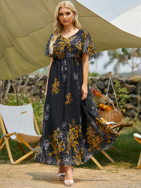 Rough Diva Short Sleeve Floral Print Maxi Dress