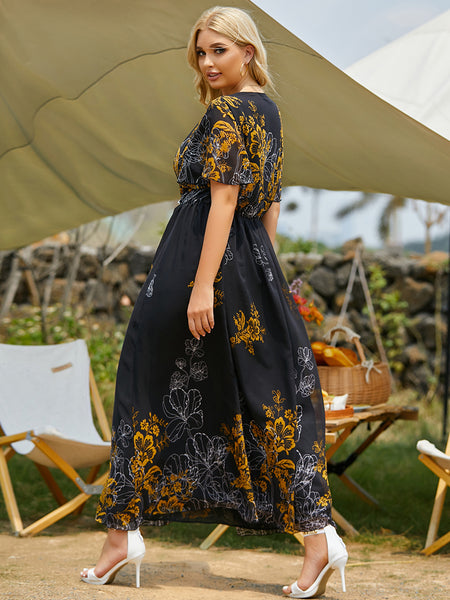 Rough Diva Short Sleeve Floral Print Maxi Dress