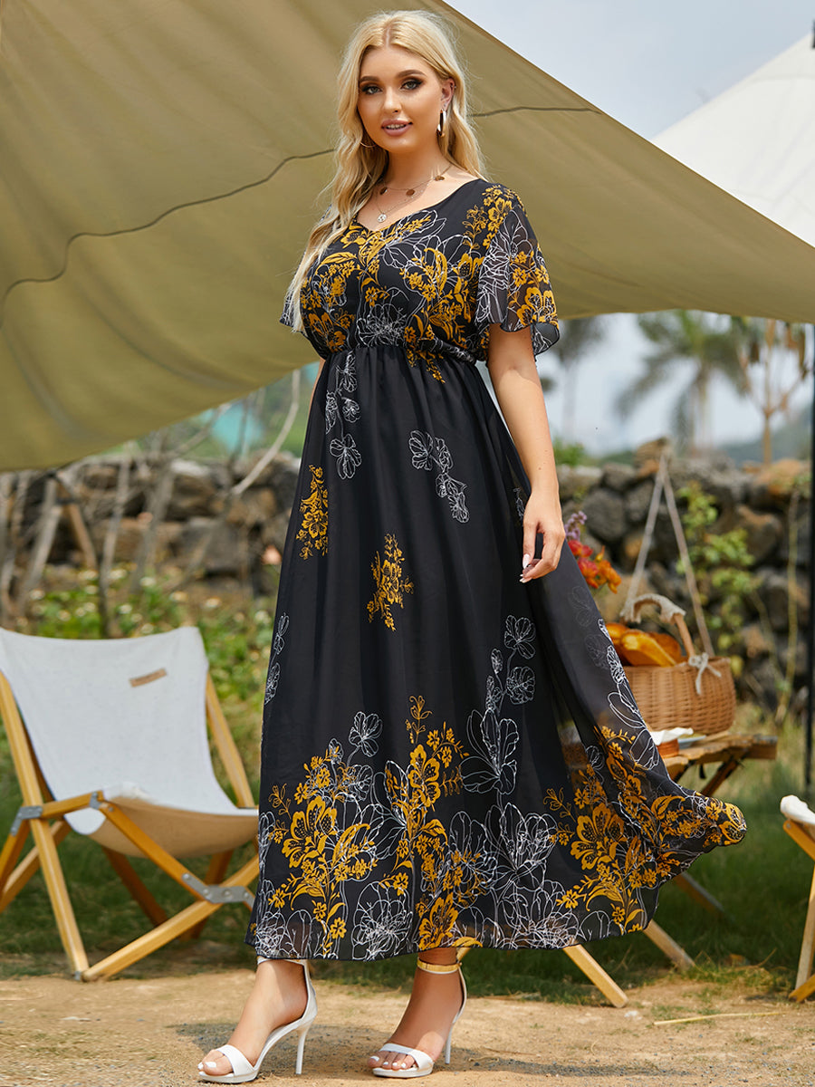 Rough Diva Short Sleeve Floral Print Maxi Dress