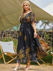 Rough Diva Short Sleeve Floral Print Maxi Dress