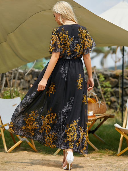 Rough Diva Short Sleeve Floral Print Maxi Dress