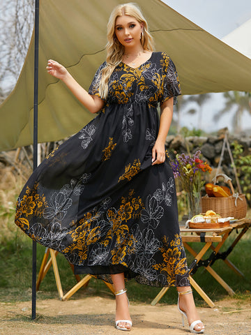 Rough Diva Short Sleeve Floral Print Maxi Dress