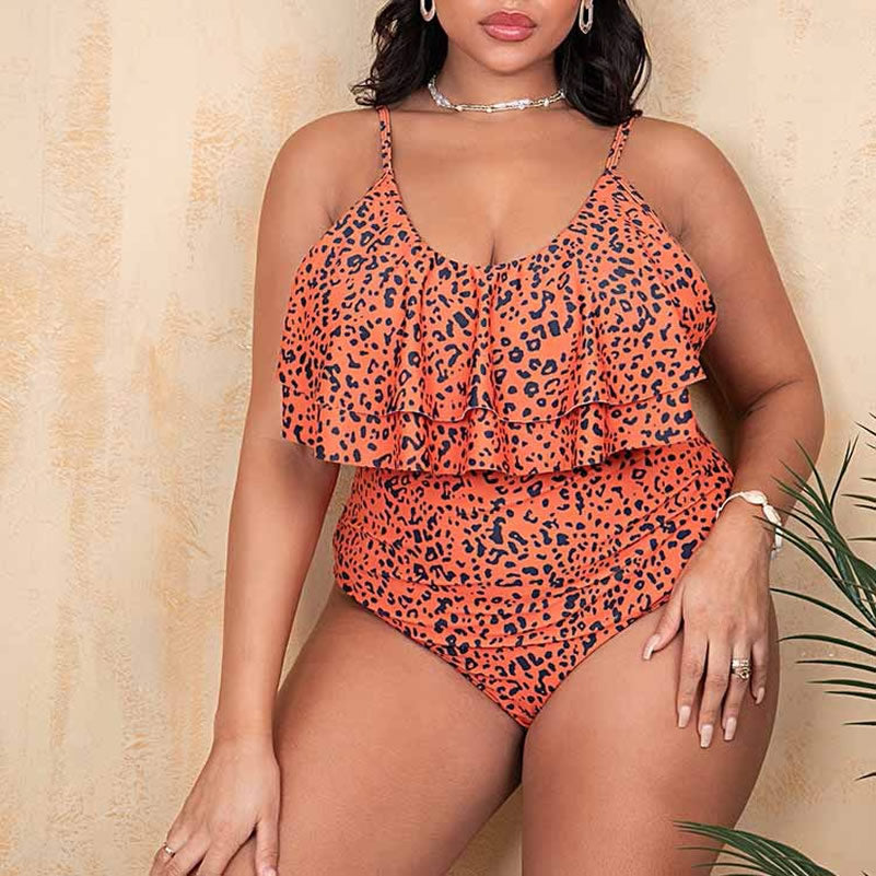 Double Ruffle Leopard Print One Piece Swim Suit