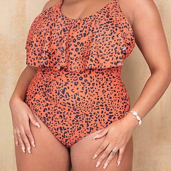 Double Ruffle Leopard Print One Piece Swim Suit