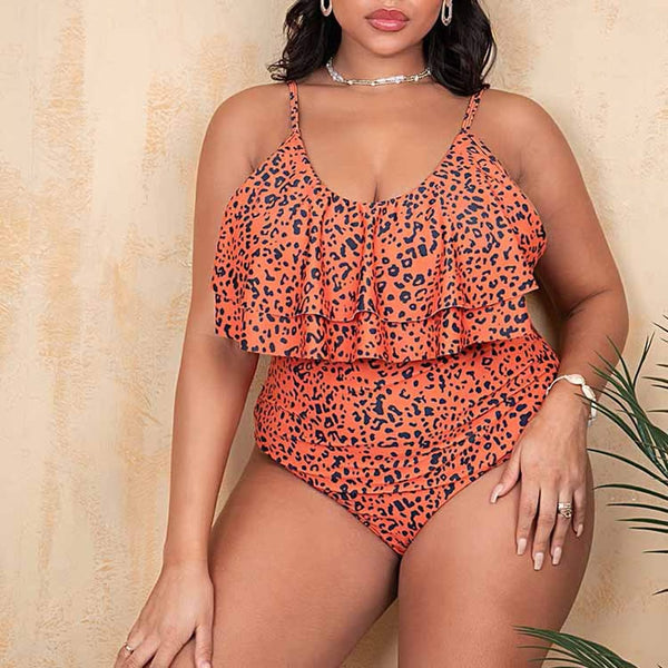 Double Ruffle Leopard Print One Piece Swim Suit