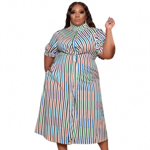 Turn down Collar Vintage Short Sleeve Maxi Dress Size XL - 5XL