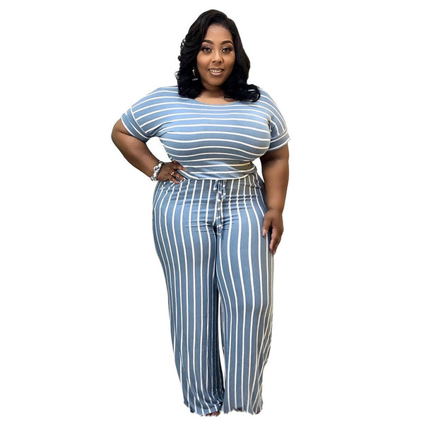 Women Casual Stripe Siamese Trousers Soft Leisure Loose Jumpsuit Size S - 5XL