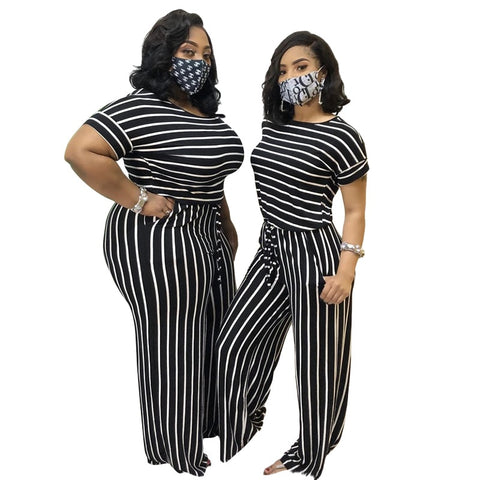 Women Casual Stripe Siamese Trousers Soft Leisure Loose Jumpsuit Size S - 5XL