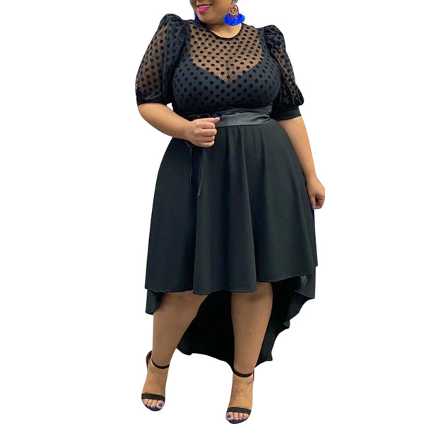 Puff Sleeve Asymmetrical Polka Dot Black Dress Size L - 6XL
