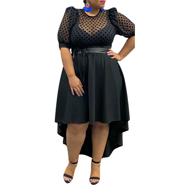 Puff Sleeve Asymmetrical Polka Dot Black Dress Size L - 6XL